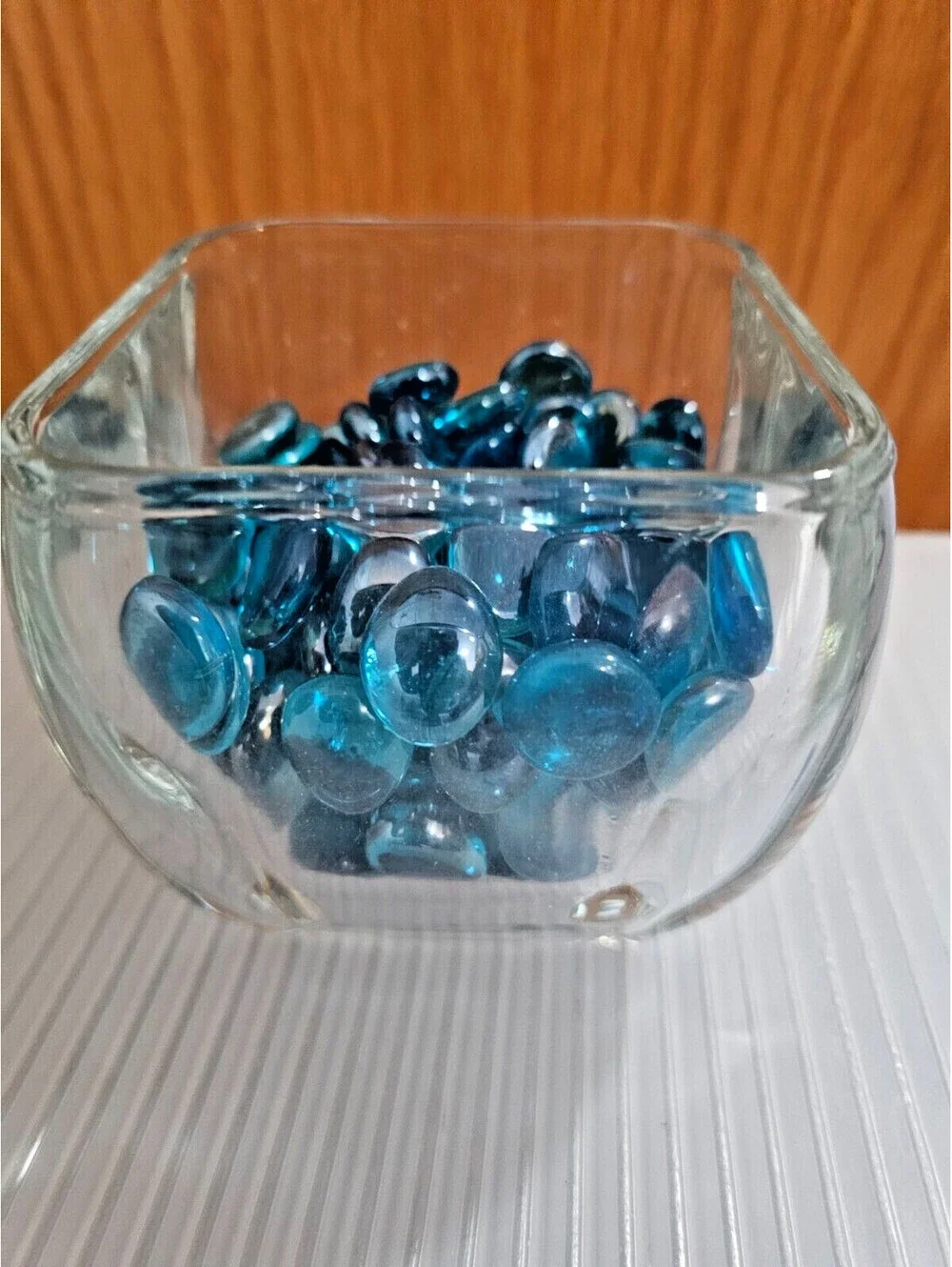 Clear Glass Vase Decorative Square Shaped with Glass Rocks and flowers 4x4x4
